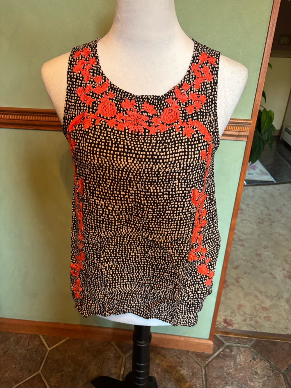 THML Sleeveless Black & beige short sleeve Tank with Orange Floral Embroidery